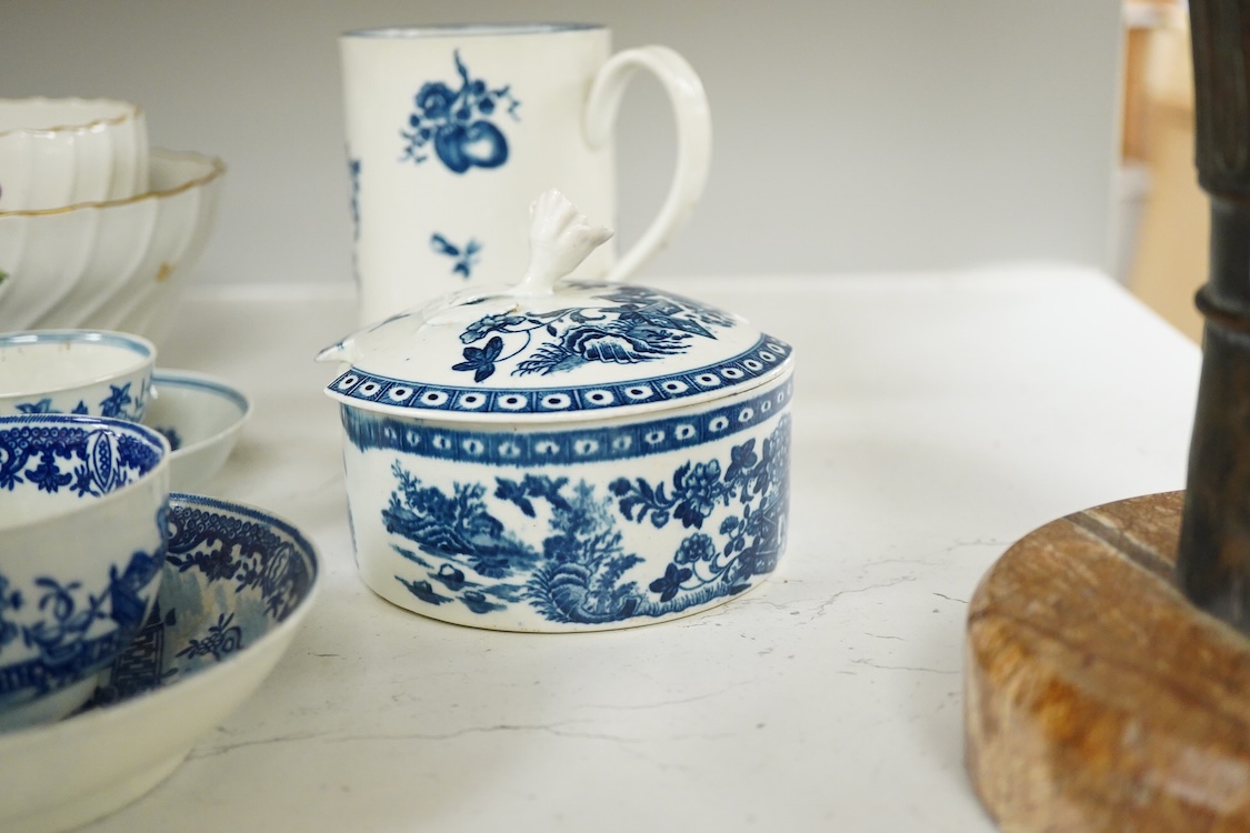 18th century mixed Worcester etc, including blue and white tableware together with two figurines etc, teapot, 13cm high (13).